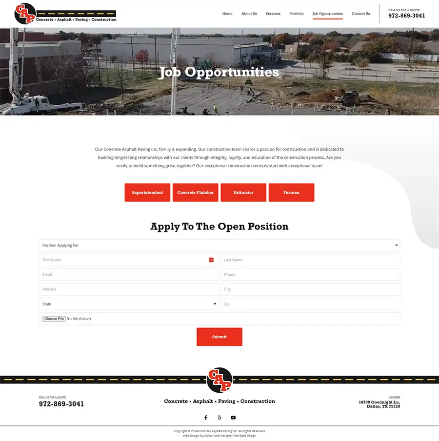 job opportunities Page on website designed for dallas based Concrete Asphalt Paving Inc