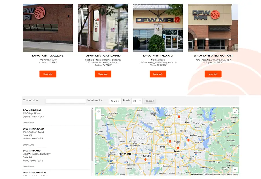 locations page with mapping for dfw open mri by red spot design in dallas