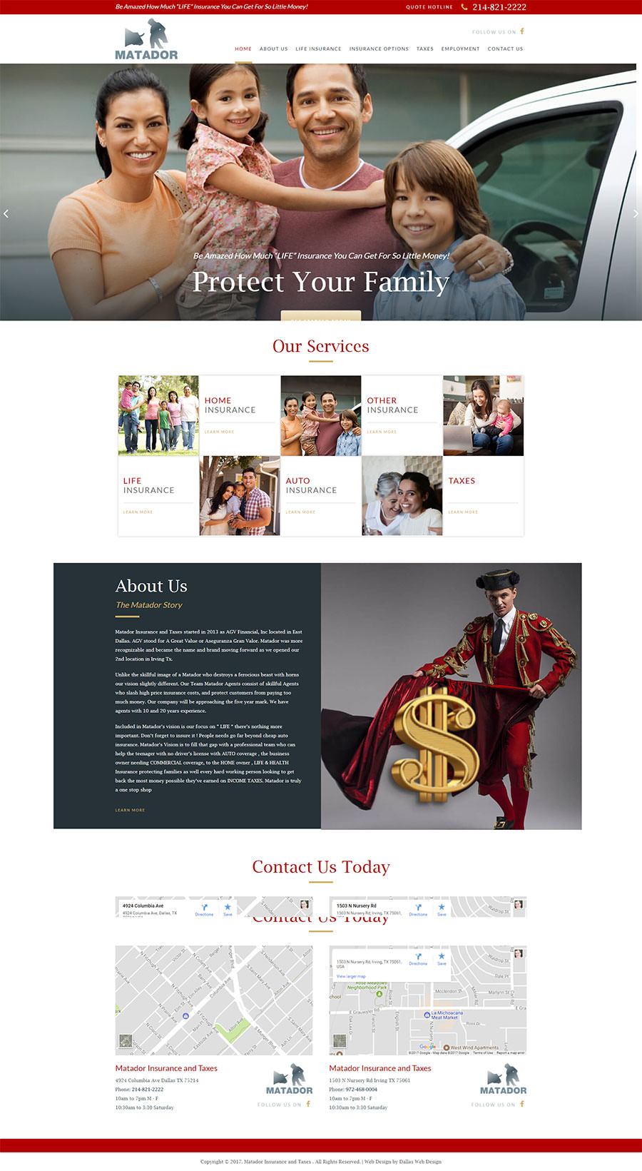 web design for matador insurance dallas texas