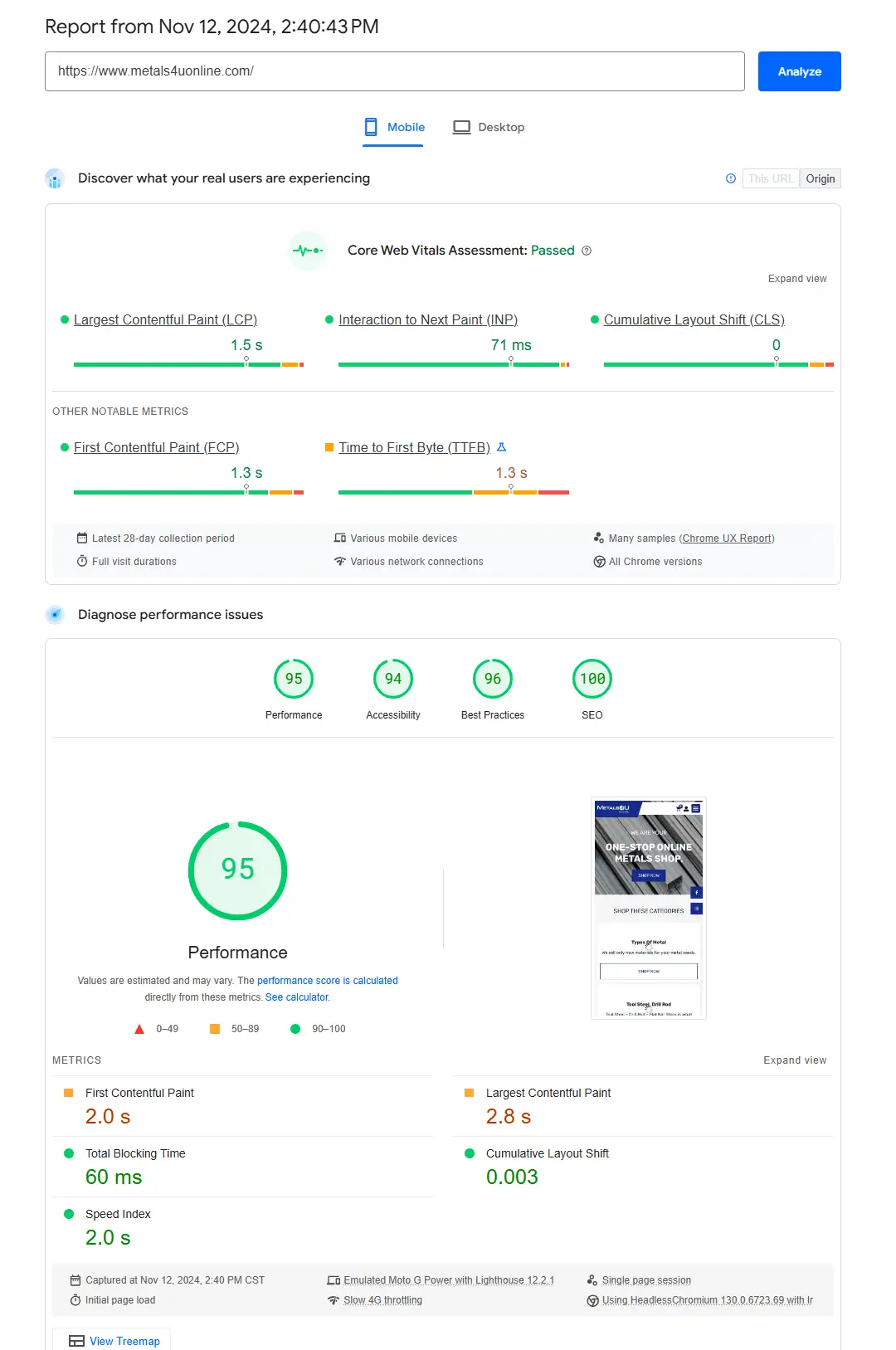 metals4uonline-mobile page speed score 95