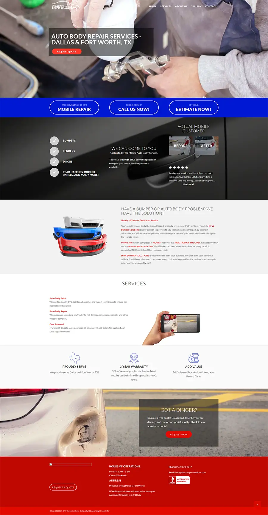 mobile auto body repair company OLD website before redesign