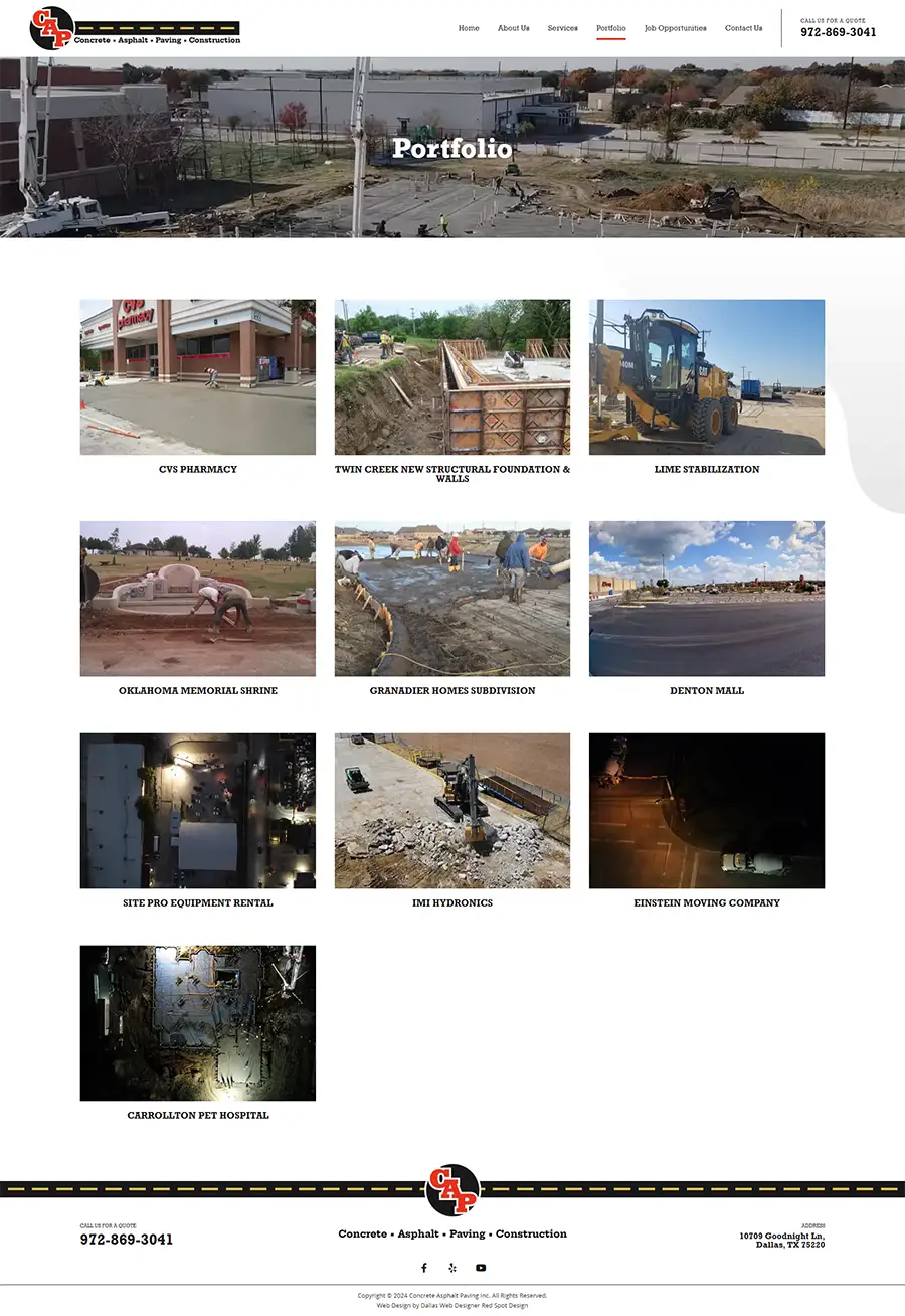 portfolio page on custom website designed for dallas based Concrete Asphalt Paving Inc