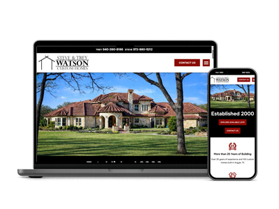 Steve & Trey Watson Custom Homes, Inc website displayed on a laptop and smartphone