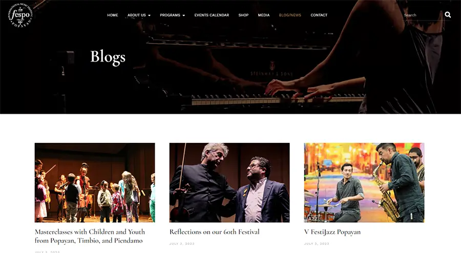 wordpress blog and news section for Popayan International Music Festival